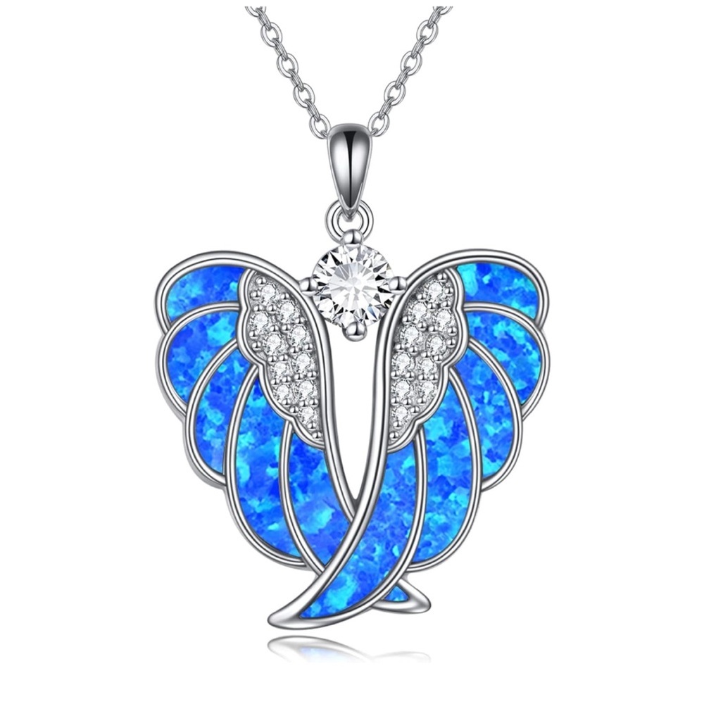 Angel Wing Necklace Blue White Opal Pendant Gift